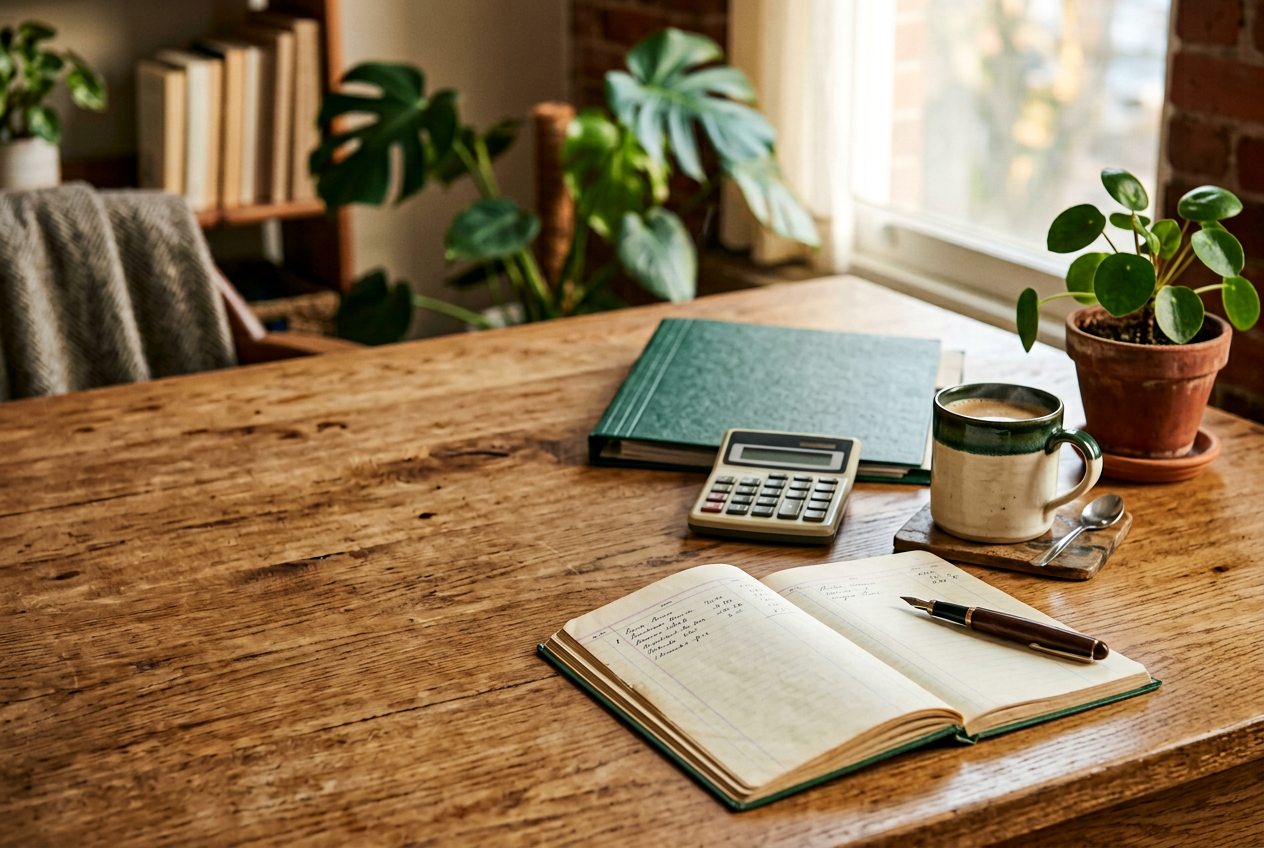 A small-business owner's desk with an open ledger, calculator, and green notebook